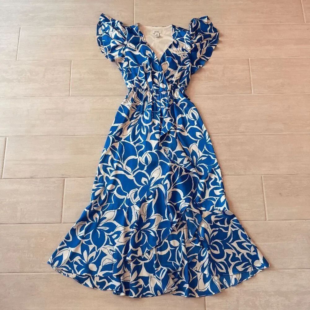 Nicole Miller Blue White Floral Faux Wrap Style Midi Dress Ruffled Hem High low